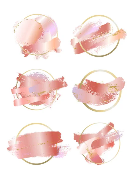 Gran conjunto de rosa pastel y pinceladas rosas y líneas doradas. Identidad belleza estilo elegante. Marco de contorno redondo dorado. Ilustración vectorial dibujada a mano. Aislado sobre fondo blanco . — Archivo Imágenes Vectoriales