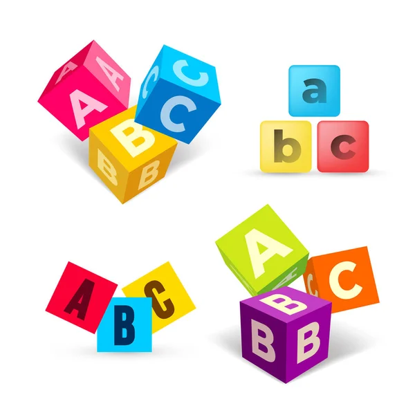 Conjunto de bloques de color ABC icono plano. Cubos de alfabeto con letras A, B, C en diseño plano. Ilustración vectorial. Aislado sobre fondo blanco . — Vector de stock