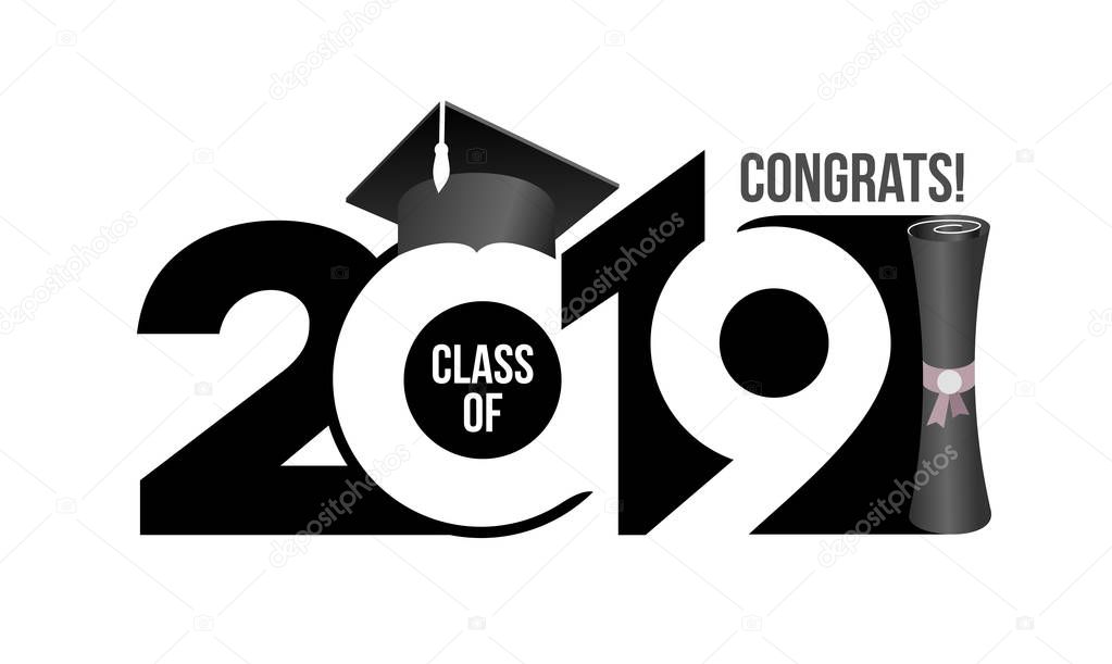 Lettering Class of 2019 for greeting, invitation card. Text for graduation design, congratulation event, T-shirt, party, high school or college graduate. Vector isolated on white background.