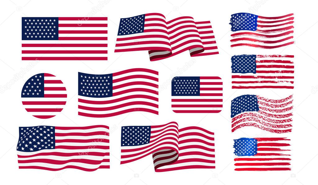 Set of American flag. Icon grunge American flag. Watercolor flag of USA. Print. Vector illustration. Isolated on white background.