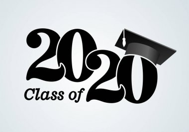Mezuniyet şapkası ile 2020 sınıfı. Yazı matokulu mezunundan mezun olduğu için tebrikler. Düz basit tasarım. Vektör İllüstrasyon. Beyaz arka planda yalıtılmış