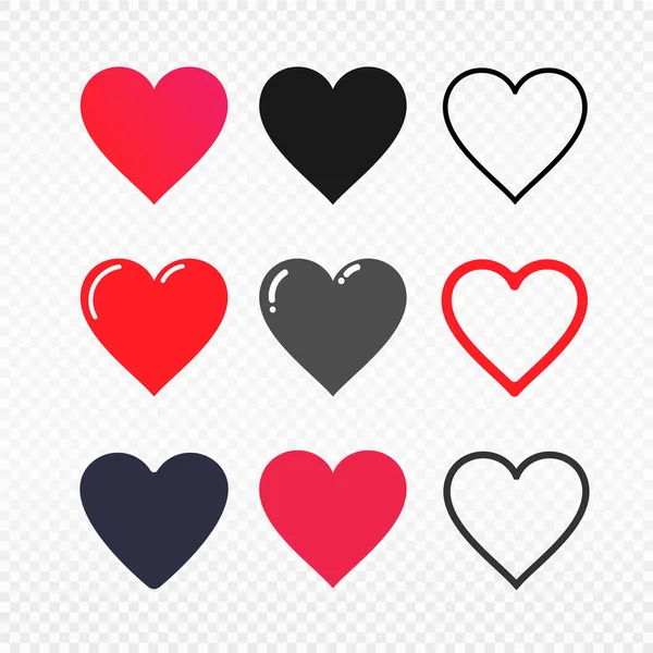 一组爱符号图标 红色和黑色的心脏符号 心脏矢量插图 在透明背景上隔离 — 图库矢量图片