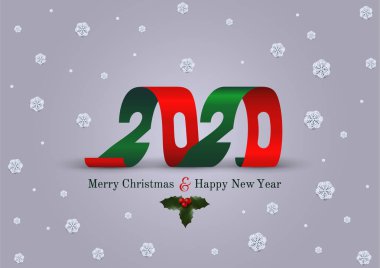 Mutlu Noeller ve Happy New Year 2020 tebrik kartı. İşaret sembolü 2020 spiral konfeti. Dekorasyon Yeni Yıl holly. Xmas vektör illüstrasyon. Beyaz arka planda yalıtılmış.