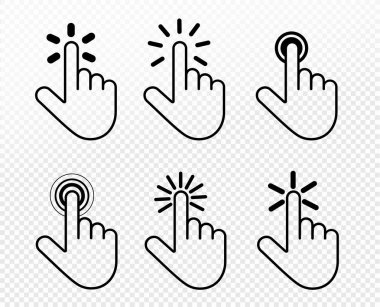 El tıklama simgesi ayarlayın. Web sitesi tasarımınız, resim, resim, logo, uygulama, Ui için dokunma, el hareketi simgesine tıklayın. Saydam arka planda vektör sembolü.