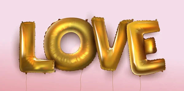 Gold letter love realistic balloons. Heart gold characters balloons in the air. Shine glossy metallic balloons for celebration, party, date, invitation, event, card and Valentine's Day. I love you. — Stock Vector