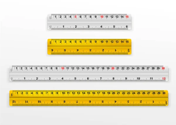 Juego de medidas métricas escolares de cinta métrica de 15cm y 30cm. Regla métrica. Ilustración vectorial. Aislado sobre fondo blanco . — Archivo Imágenes Vectoriales