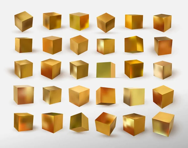 Ensemble Cube Métallisé Éléments Décoratifs Dorés Réalistes Formes Géométriques Carrées — Image vectorielle