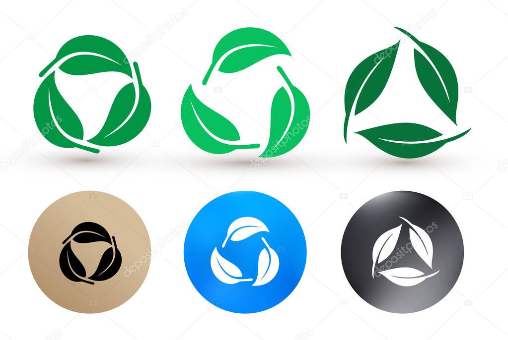 Set of biodegradable recyclable plastic free package icon. Bio recyclable degradable and recycle leaves label logo template. Vector illustration. Isolated on white background.