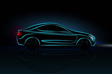 Çizgilerden yapılmış araba silueti, yan görünüm. Logo için modern mavi neon araba silueti, pazarlama reklam tasarımı için afiş. Vektör illüstrasyon. Siyah arka planda yalıtılmış.