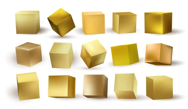 Sada Kostky Zlatě Metalu Kolekce Čtverců Realistických Geometrických Tvarů Zlaté — Stockový vektor