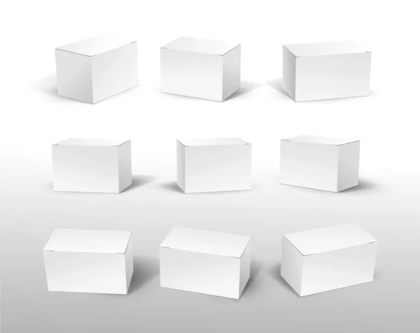 Sada Bílých Krabička Prázdných Krabic Pro Zabalení Zobrazení Perspektivy Krychle — Stockový vektor