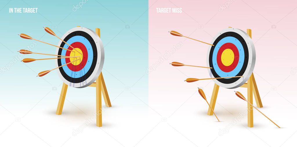 Arrows at the center of the target. Always dart in the target. And all miss the target goal. Failing to hit the target. Vector illustration. Isolated on white background.