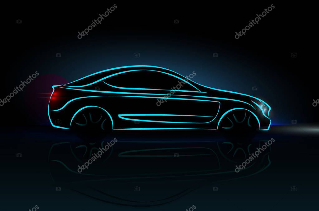 Car silhouette made from lines, side view. Modern blue neon car silhouette for logo, banner for marketing advertising design. Vector illustration. Isolated on black background.