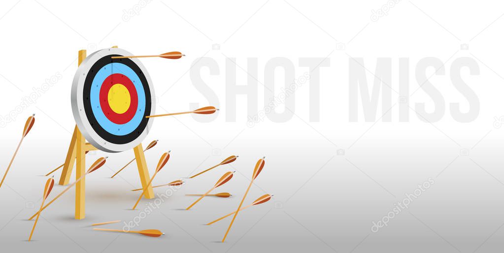 Multiple failed inaccurate attempts to hit archery target. Flat cartoon shot miss. Many arrows missed hitting target mark. Business challenge failure metaphor. Vector illustration. 