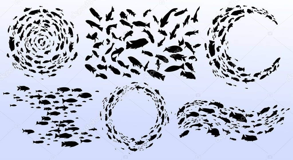 Set of schools of fish. Black silhouettes of groups of sea fishes swim in a circle. Colony of small fish. Marine life. Tattoo. Logo fishes. Icon vector illustration. Isolated on white background.