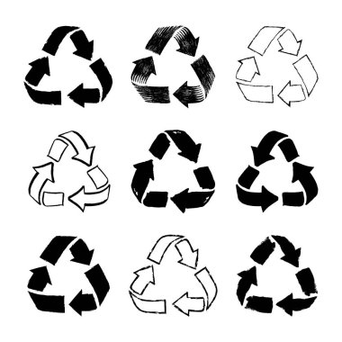 Karalama geri dönüşüm sembolü kümesi. Ekolojik tasarım için eskiz geri dönüşüm işareti sıfır atık yaşam tarzı. El çizimi siyah ikon. Vektör çizimi. Beyaz arkaplanda izole.