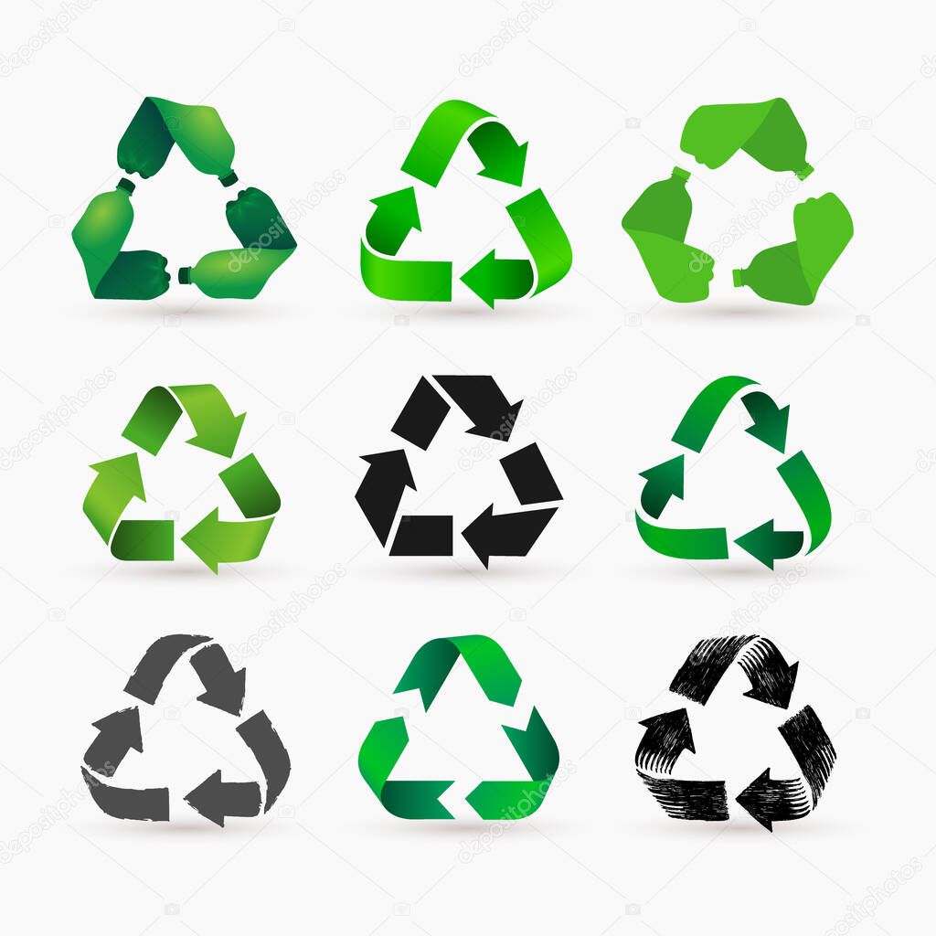Set of green pet plastic bottles form mobius loop or recycling symbol with arrows. Eco icons pet use concept. Vector illustration. Isolated on white background.