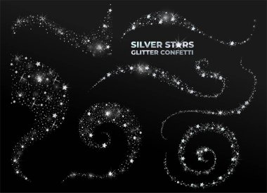 Gümüş yıldız simli konfeti seti. Vektör soyut grafik tasarımı. Yeni yıl Noel 'i. Gümüş parıltılı arka plan. Zarif bir davet şablonu. Vektör çizimi. Siyah arkaplanda izole.