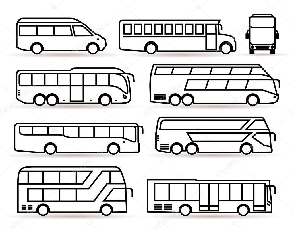Big set of bus icon. Transport symbol black in linear style. Vector illustration. Isolated on white background.
