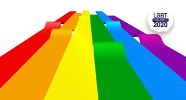 LGBTQ Onur Ayı 2020. Gökkuşağı arka planında renkli etiket. İnsan hakları ya da çeşitlilik kavramı. LGBT olay pankartı tasarımı, gökkuşağı yukarı gidiyor. Vektör illüstrasyonu.