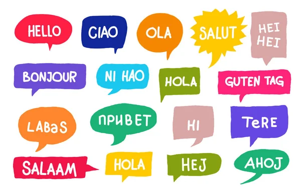 一套不同的语言 Hola Guten标签 Hao Salaan Salut Bonjour 翻译概念 手绘彩色图标 矢量图解 — 图库矢量图片