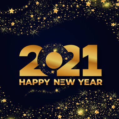 Mutlu yıllar 2021! Işıklı zarif altın metin. Minimalist metin şablonu. 2021 yılının tipografisi. Lüks tarih tasarımları ve yeni yıl kutlaması davetiyelerini saklayın. İzole tatil vektör çizimi.