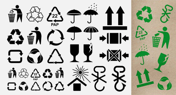 Set of pictograms for the recycling symbols for plastic products and other products. Recycle and some packaging sign. Vector illustration. Isolated on white background.