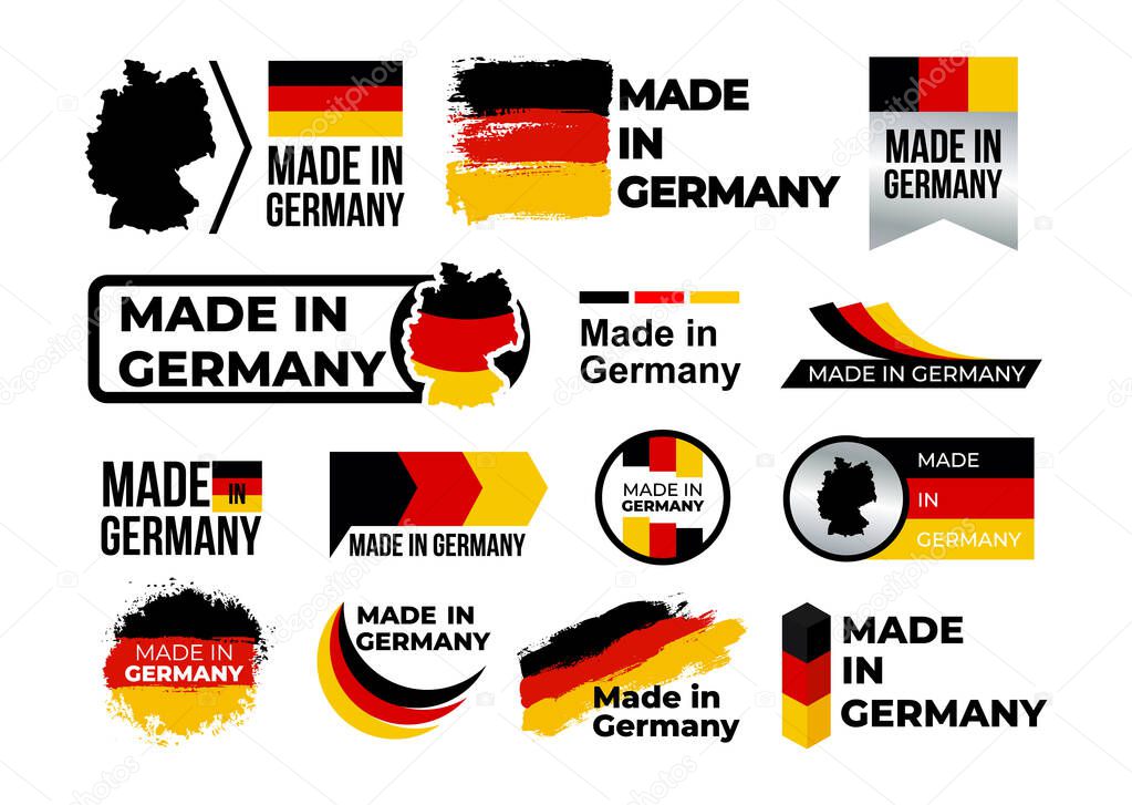Made in Germany. Set of label, stickers, pointer, badge, symbol and page curl with German flag icon on design element. Vector illustration. Isolated on white background.