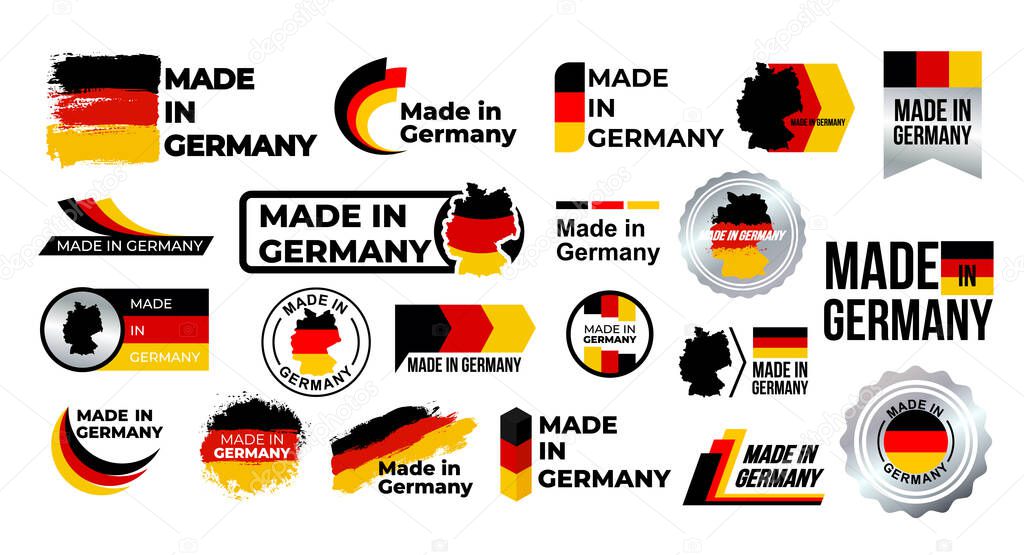 Made in Germany. Big set of label, stickers, pointer, badge, symbol and page curl with German flag icon on design element. Collection vector illustration. Isolated on white background.
