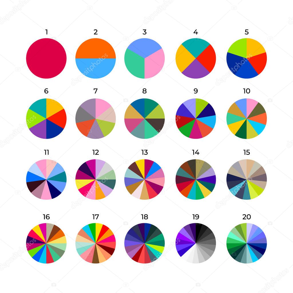 Set of segmented circles. Various number of sectors divide the circle on equal parts. Colored outline graphics. Vector illustration. Isolated on black background.