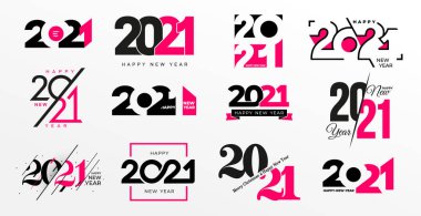 2021 Büyük Koleksiyonu Mutlu Yıllar logosu metin tasarımı. 2021 numara tasarım şablonu. Beyaz arka planda pembe ve siyah etiketli mutlu yeni yıl sembolleri. Tebrik kartı şablonu.