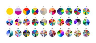 Bölümlü çemberler. Çeşitli sektörlerin 0-30 'u çemberi eşit parçalara böler. Renkli çizim grafikleri. Vektör çizimi. Beyaz arkaplanda izole.