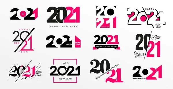 2021年のビッグコレクションハッピーニューイヤーロゴテキストデザイン 2021番号デザインテンプレート ピンクと黒のラベルが白の背景に隔離されたベクトル幸せな新年のシンボル グリーティングカードテンプレート — ストックベクタ