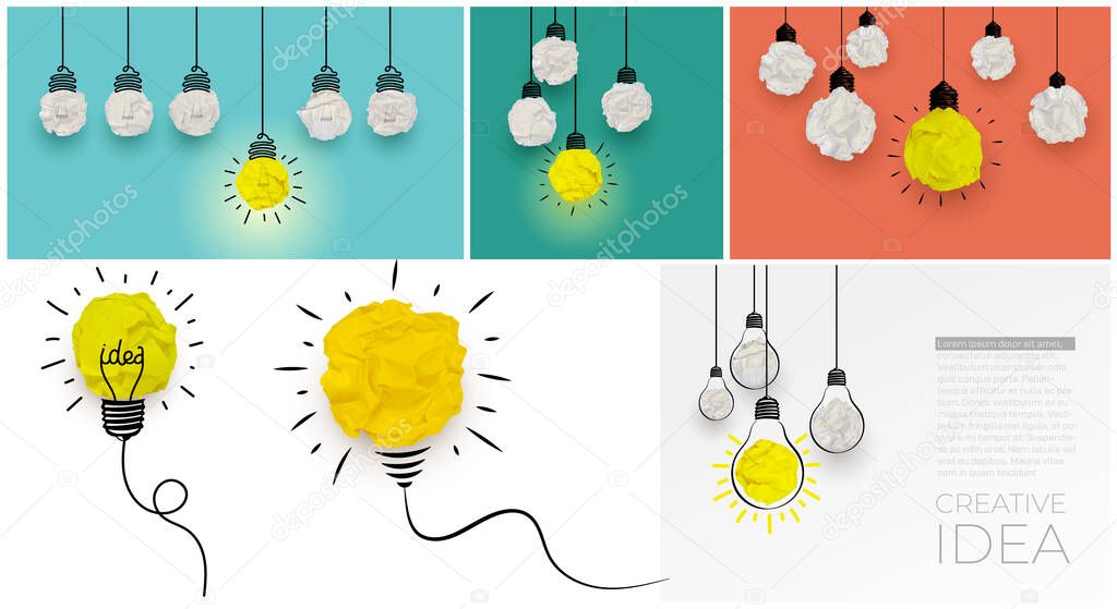 Set of concept creative idea hanging light bulbs with glowing one different idea on light blue, green, terracotta background. Minimal concept idea and innovation with paper ball. Vector illustration.