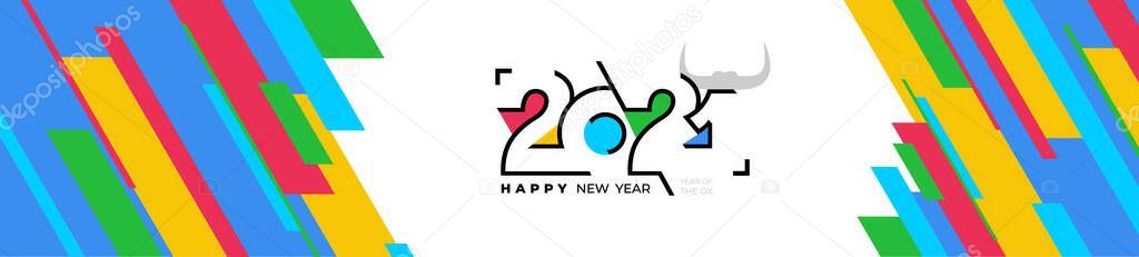 Holiday banner Happy New Year. Xmas design with logo of number 2021 shaped line, colored striped. Chinese year of the ox. Colorful festive Horizontal poster. Vector isolated on white background.
