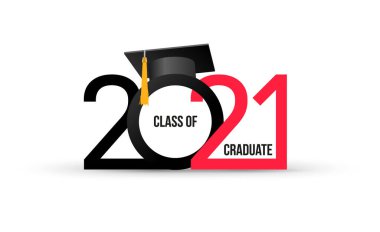 2021 sınıfı. Siyah renkli şık bir logo kartı, el ilanları için kırmızı renkler, davetiyeler, iş günlükleri, mezuniyet balosunda tebrik ve posterler. Vektör çizimi. İzole vektör illüstrasyonu.