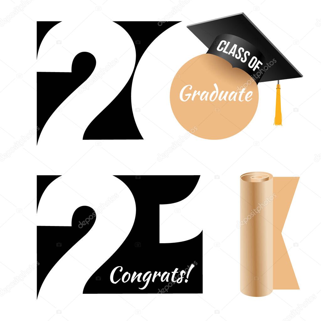Class of 2021. Elegant logo card in black colors for flyers, greetings, invitations, business diaries, congratulations and posters at the prom. Vector illustration. Isolated vector illustration.