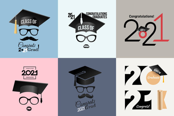 Congratulations graduates Class of 2021 badge. Typography logo design. Set of Concept for print, shirt, overlay or stamp, seal, greeting, invitation card. Design vector with hut and text congrats grad