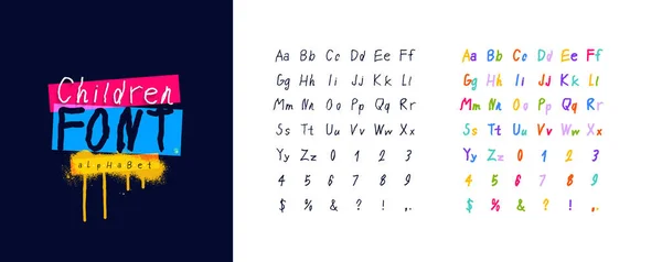 一套卡通风格的儿童字体 孩子们用五颜六色的明暗字母作题词 字母的矢量图解 被白色和深蓝色背景隔离 — 图库矢量图片