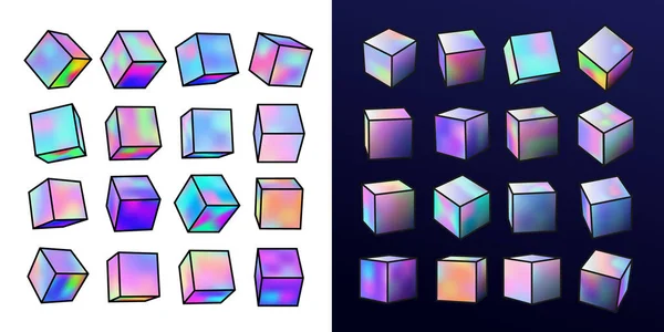 Ensemble Cube Métallique Holographique Réaliste Néon Élément Géométrique Couleur Dans — Image vectorielle
