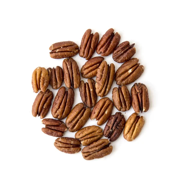 Raw Natural Organic Pecans Nuci Împrăștiate Izolate Fundal Alb Top — Fotografie, imagine de stoc