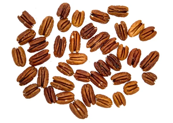 Raw Natural Organic Pecans Nuts Scattered Isolated White Background Top — Stock Photo, Image