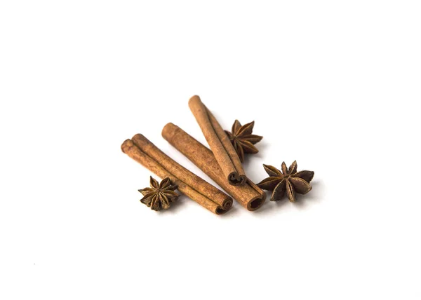 Cinnamon Sticks Anise Stars White Background Natural Light Selective Focus — Stock Photo, Image