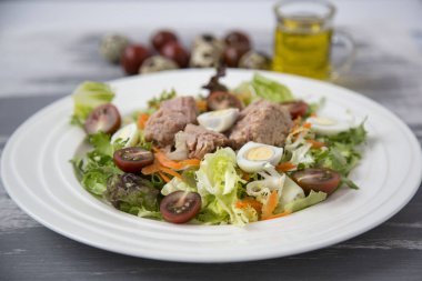 Ahşap boyalı arka plan doğal ışık seçici odak üzerinde yaşam için sağlıklı gıda sebze taze ve hafif Tuna et salatası marul, yumurta ve domates doğranmış