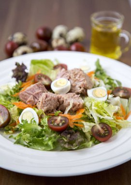 Ahşap arka plan doğal ışık seçici odak üzerinde yaşam için sağlıklı gıda sebze taze ve hafif Tuna et salatası marul, yumurta ve domates doğranmış