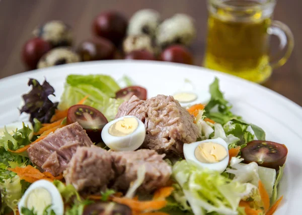 Ahşap arka plan doğal ışık seçici odak üzerinde yaşam için sağlıklı gıda sebze taze ve hafif Tuna et salatası marul, yumurta ve domates doğranmış