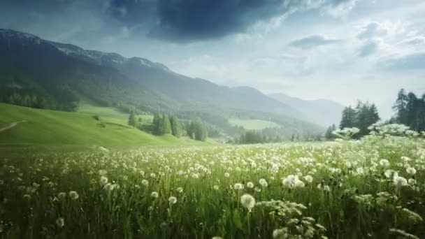 意大利南蒂罗尔Dolomites的春季蒲公英田 — 图库视频影像