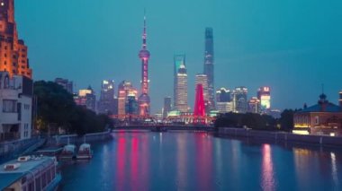 gün batımı, Şangay silueti ve Waibaidu köprüsü, Çin