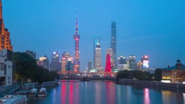 gün batımı, Şangay silueti ve Waibaidu köprüsü, Çin