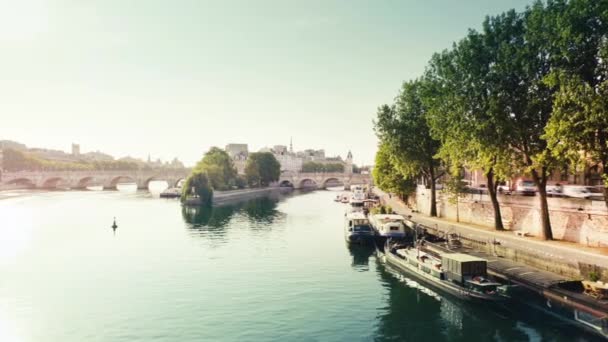 Uitzicht vanaf de Pont des Arts op oude brug over de Seine in Parijs — Stockvideo